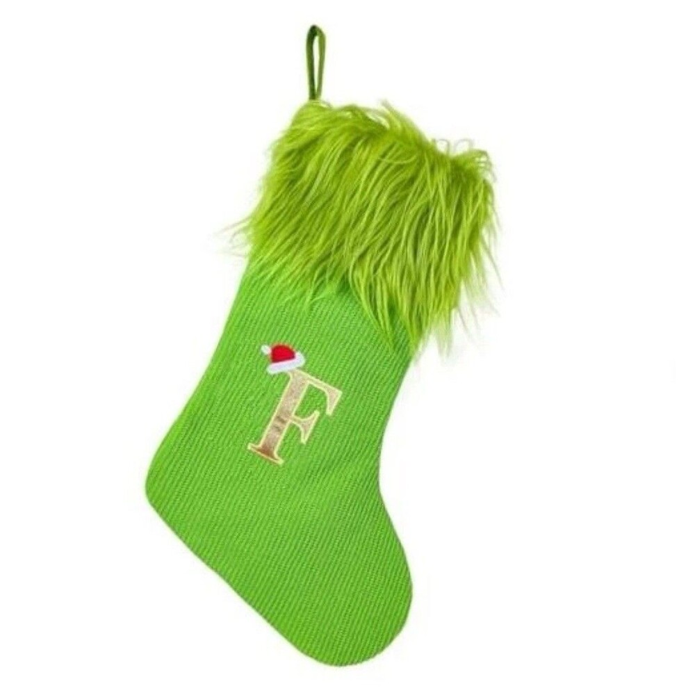 Green Christmas Stockings with Initial E, 18” Knit Monogram Christmas F